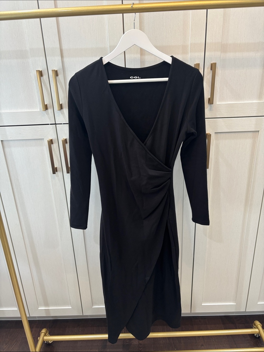 OGL Black Faux-Wrap Long Sleeve Midi Dress